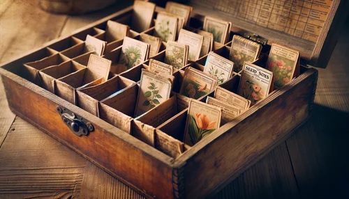 A wooden box containing seed packets in a orderly fashion