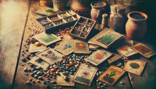 Seeds, and seed packets strewn across a table with trays and jars containing seeds at the back.