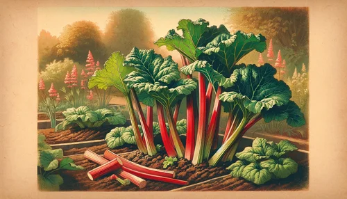 The vintage-style image of Rhubarb growing in a garden bed, highlighting its large leaves and thick, red stalks in a style reminiscent of an old botanical illustration.