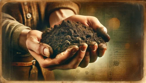 The vintage-style image of a hand holding a clump of soil