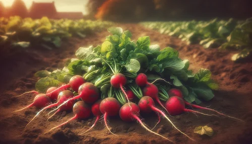 The vintage-style image depicting a bunch of radishes lying on the ground after being harvested, capturing the simplicity and beauty of the harvest against the backdrop of traditional farming practices