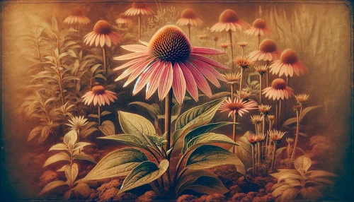 The vintage-style image of Echinacea (Echinacea purpurea) growing in a garden bed, with a focus on its distinctive conical seed head and pinkish-purple petals. The aesthetic is reminiscent of an old botanical print.