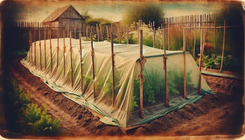 The vintage-style image of a garden bed covered by a row cover.